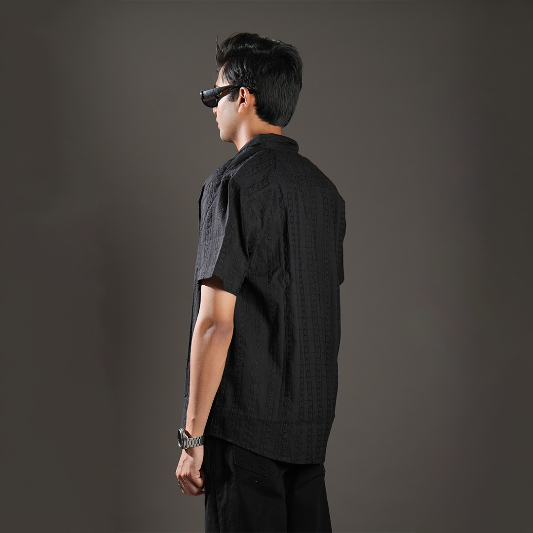 Black Thread Striped Embroidered Relaxed Fit Shirt