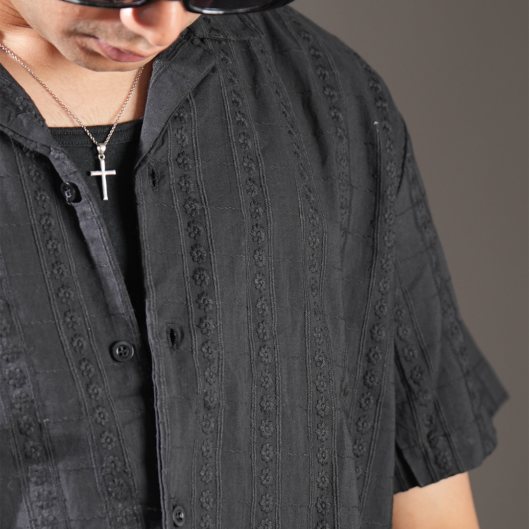 Black Thread Striped Embroidered Relaxed Fit Shirt